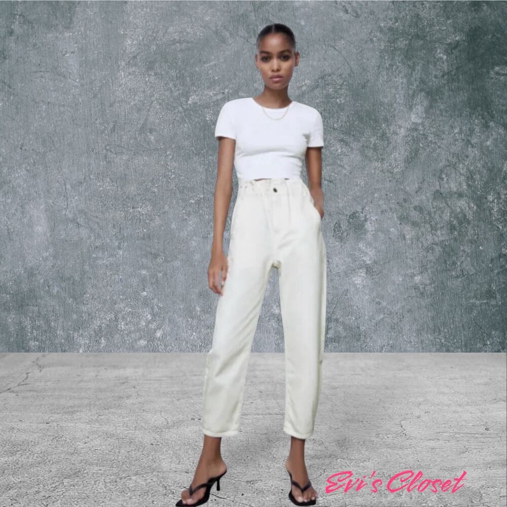 Zara Paper Bag Waist Barrel Jeans Women's White Cowboy Edgy Cottagecore Sz 4